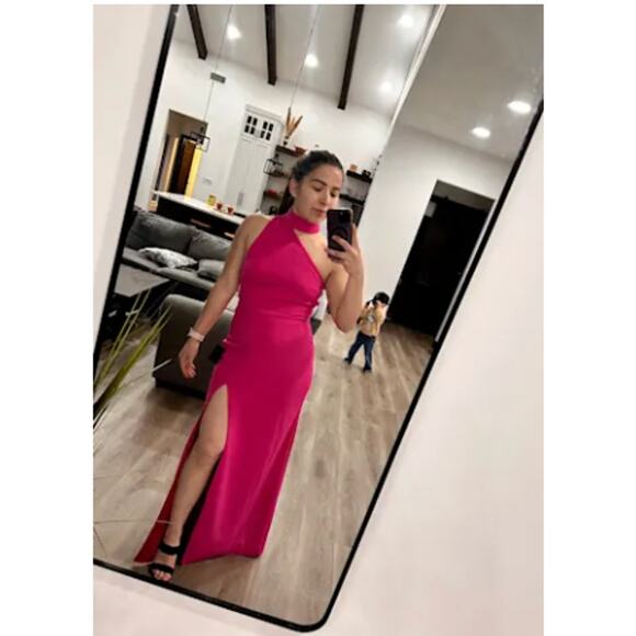 Lulus Hot Pink Asymmetrical Cutout Halter Keep It Interesting Maxi Dress Size M - Picture 7 of 12